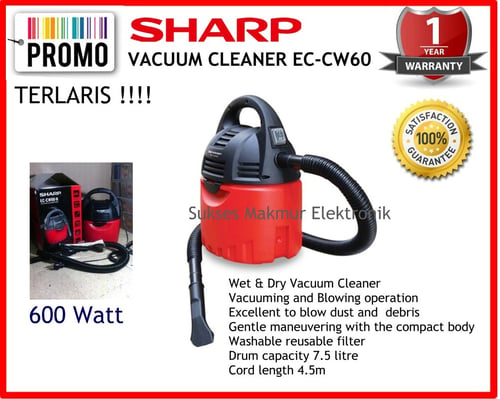 Sharp Vacuum Cleaner EC-CW60 - Merah, 600  Watt, Wet & Dry Vacuum Cleaner