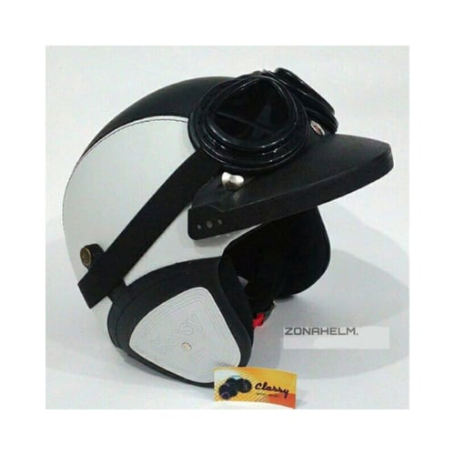 CLASSY Helm Klasik Kulit Retro SNI Dewasa + Path + Bogo Kacamata Google Bonus Sarung Helm Putih Hitam