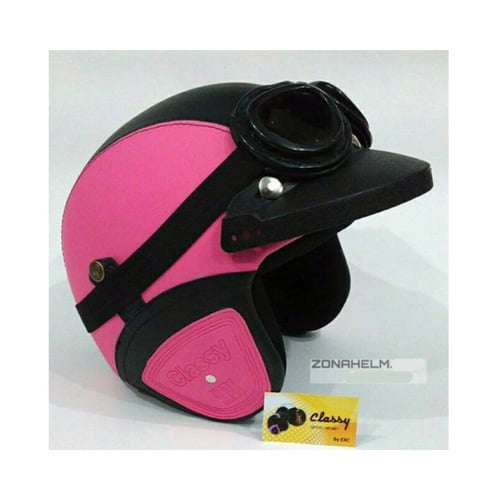 CLASSY Helm Retro + Bogo Kacamata + Path Topi Pink Hitam
