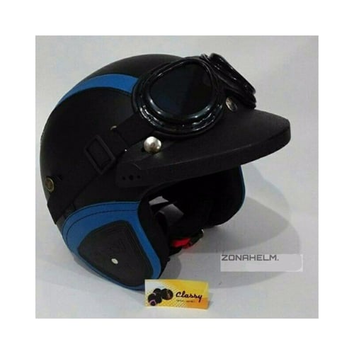 CLASSY Helm Retro Dewasa + Google + Path + Sarung Helm Hitam Garis Biru