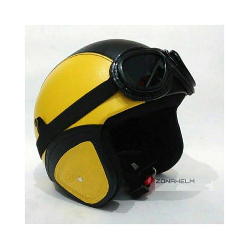 CLASSY Helm Retro Kulit + Bogo Kacamata Google SNI Dewasa Kuning Hitam