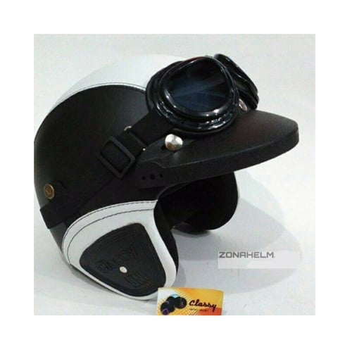 CLASSY Helm Retro Kulit Klasik Dewasa SNI + Bogo Kacamata + Path Hitam Putih