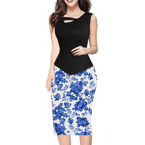 Painting Flower Sleeveless Patchwork RCFC66 Black Blue 6pcs