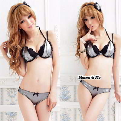 Lingeries Laciness Bow Tie Bra and Panty YF67DF Silver 6pcs