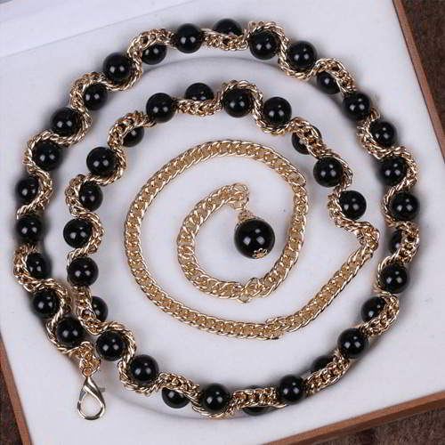 Thin Belts Beads Decorated Chains Weave Design RADAB8 Black