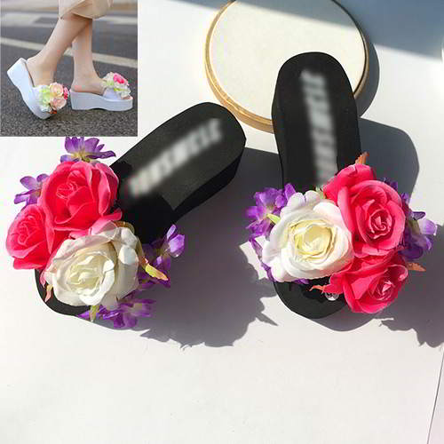 Three Flowers Wedge Beach Shoes RAEAAA Black 6pcs